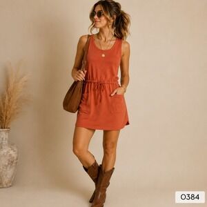 Gaiam Womens Sleeveless Drawstring Waist Pocket Mini Dress Burnt Orange L O384